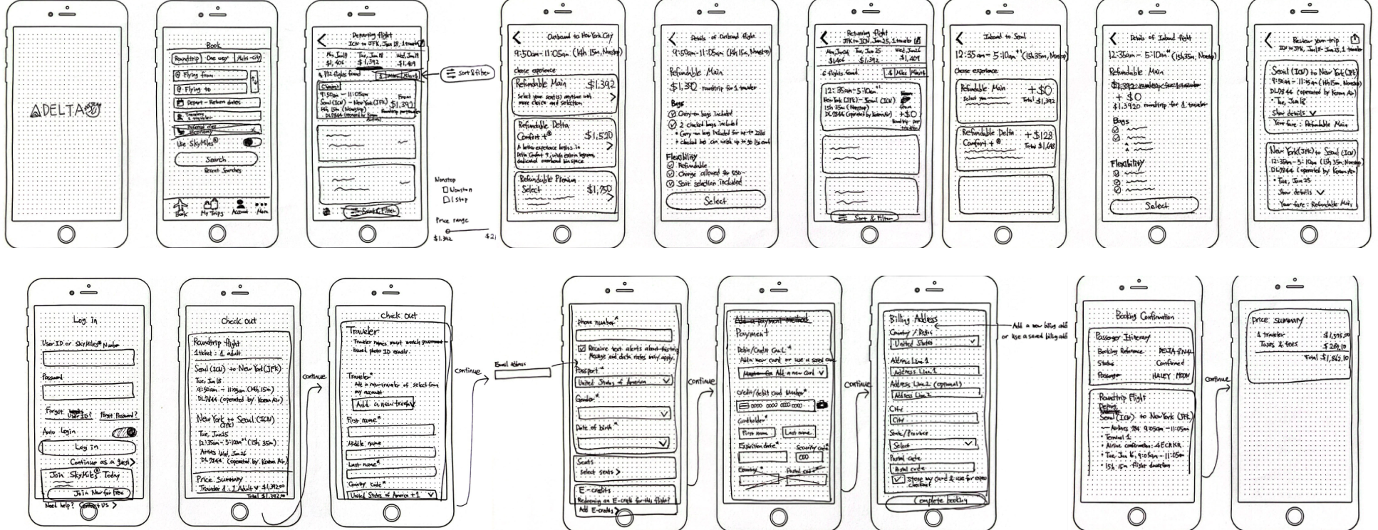 Delta Airlines mobile app ux ui design wireframe sketch