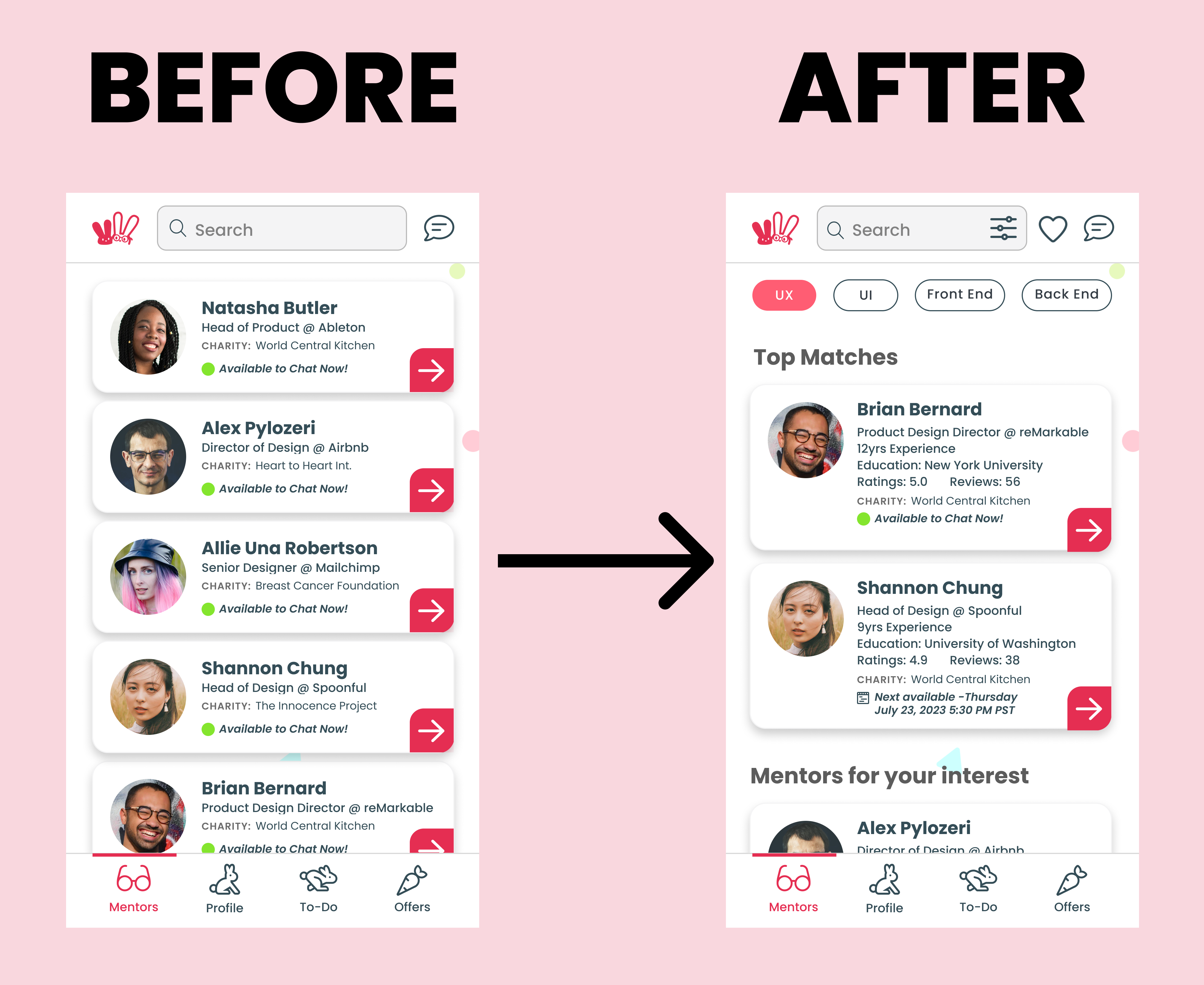 MentorBuddies mobile app ux ui design Prototype Mentor List